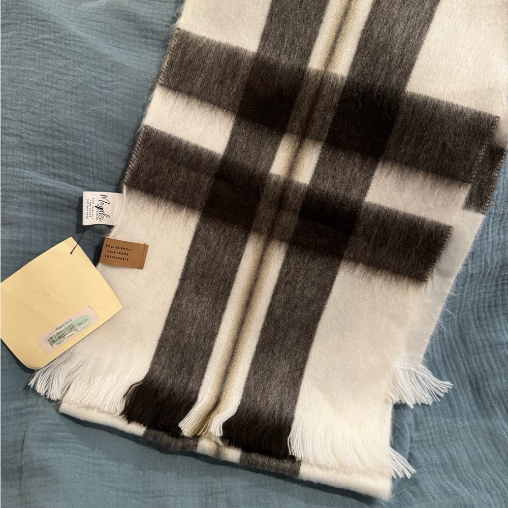 Meraki Black and White Plaid Scarf with Fringe